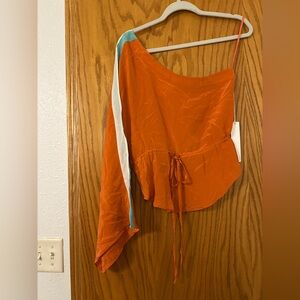 Line & Dot Orange One-Shoulder Silk Blouse - NWT - Size S